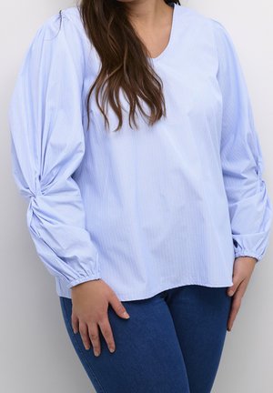 Blouse rayée bleu clair avec des manches bouffantes, encolure ronde et poignets froncés, associée à un jean en denim bleu. Texture de tissu lisse.