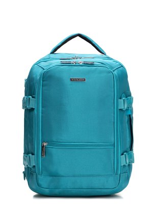 Turkoois rechthoekige reistas met meerdere ritsvakken, compressieriemen aan de zijkanten en een draaghandvat bovenaan.
