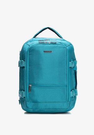 Türkisfarbener rechteckiger Reise-Rucksack mit mehreren Reißverschlussfächern, seitlichen Kompressionsriemen und einem Tragegriff oben.