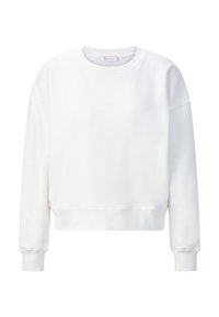 Balts īss sporta džemperis ar garām piedurknēm un ribveida aprocēm. Vienkāršs dizains un mīksts, gluds audums. Uz priekšpuses ir neliels logotipa elements.