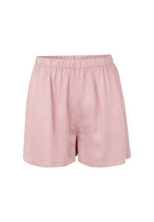 Shorts en satin rose clair avec une taille élastique, présentant une texture lisse, une coupe ample et un léger éclat. Sans poches ni éléments distinctifs.