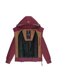Veste bordeaux avec des accents en daim brun. L'intérieur présente une doublure noire et une étiquette avec des motifs floraux. Elle est dotée d'une capuche et de poignets élastiques.