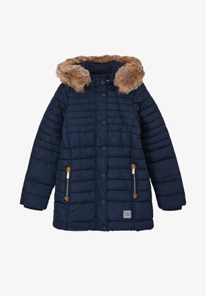 Marineblauer, gepolsterter Mantel mit einer Kapuze aus Kunstfell, Knopfverschluss, mit Reißverschlüssen versehenen Taschen und gerippten Bündchen; hat eine kastige Form und eine gesteppten Textur.