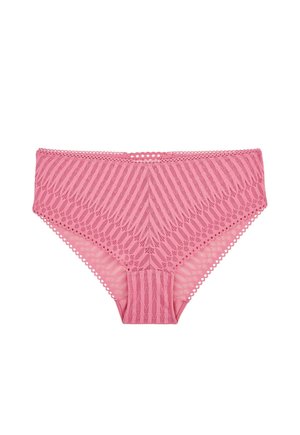 Biancheria intima da donna rosa in pizzo con motivi a righe e a rete geometrica e bordi smerlati.