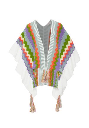 Kleurrijke poncho met zigzagpatronen in pastelpaars, groen, oranje en wit. Kenmerkt zich door franjes en een open voorkant. Zachte gebreide textuur.