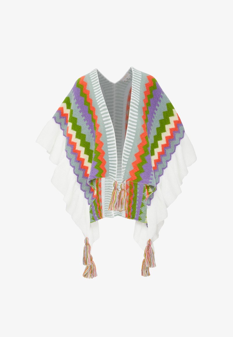 Barevný pončo se zigzagovým vzorem v pastelově fialové, zelené, oranžové a bílé barvě. Obsahuje třásně a má otevřený frontální design. Měkká pletená textura.