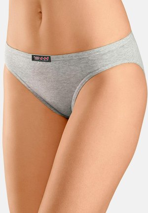 Gray cotton hipster underwear with a smooth texture, elastic waistband, and a small black and red logo tag at the front waistband.
