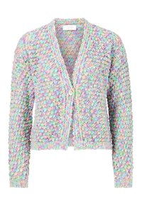 Textured cardigan with a pastel color palette featuring pink, green, and blue hues. Button closure and long sleeves. Soft, knitted fabric.