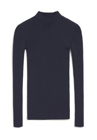 Pull en tricot côtelé bleu marine, à manches longues, avec un col montant et une coupe slim.