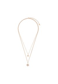 Doppellagige Halskette aus Roségold mit zwei sternförmigen Anhängern, einem kleinen mit einem Edelstein und einem größeren mit Strahlen.