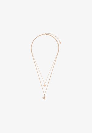 Naszyjnik w różowym złocie z podwójną warstwą, z dwoma wisiorkami w kształcie gwiazdy - jeden mały z kamieniem, a drugi większy z promieniami.