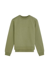 Sudadera verde oliva hecha de una tela suave con un escote de barco, puños y dobladillo acanalados. Presenta un pequeño logo en el pecho.