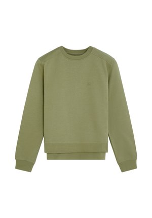 Sudadera verde oliva hecha de una tela suave con un escote de barco, puños y dobladillo acanalados. Presenta un pequeño logo en el pecho.