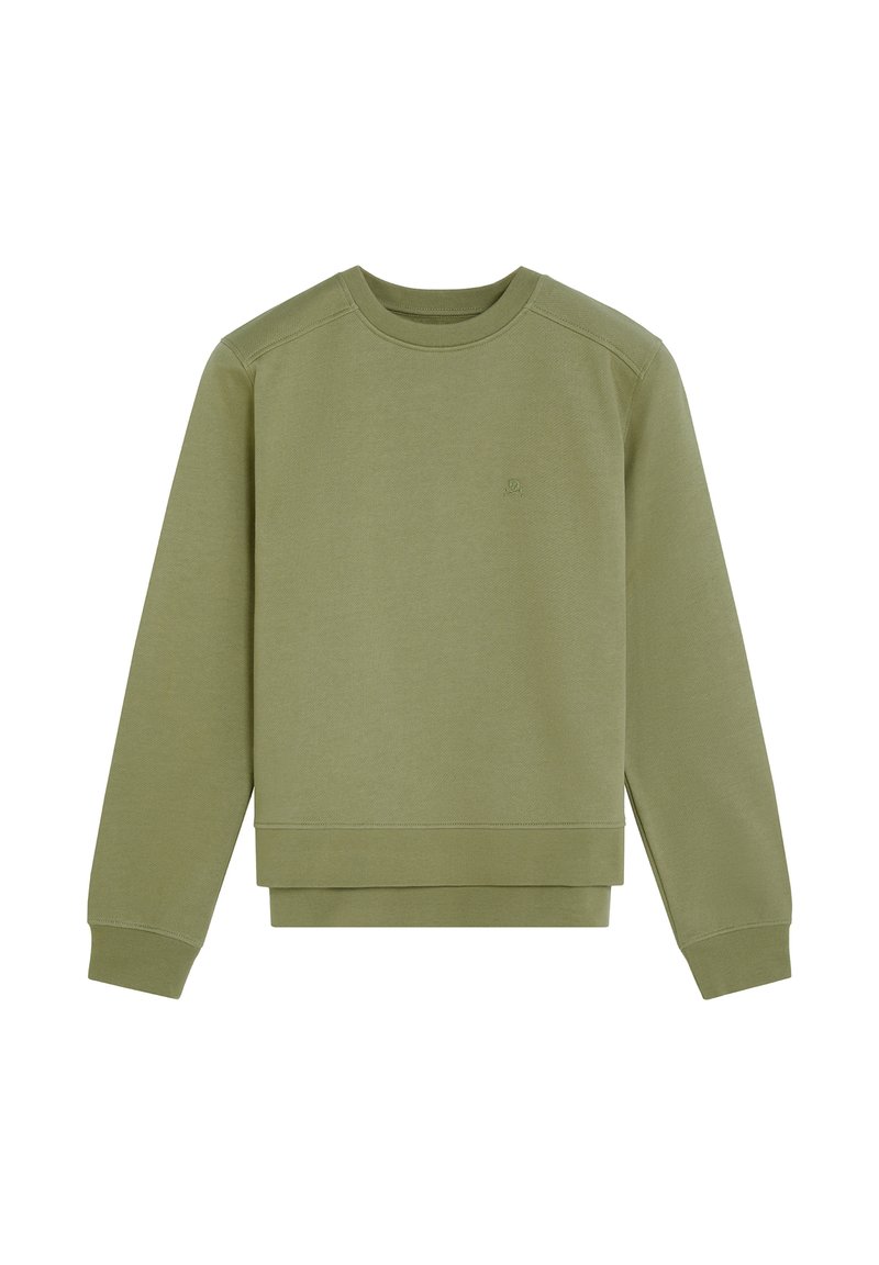 Sudadera verde oliva hecha de una tela suave con un escote de barco, puños y dobladillo acanalados. Presenta un pequeño logo en el pecho.