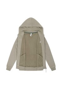 Felpa zip grigia chiaro con interno in pile verde morbido, due tasche laterali e cappuccio regolabile con cordino, caratterizzata da un dettaglio logo discreto.