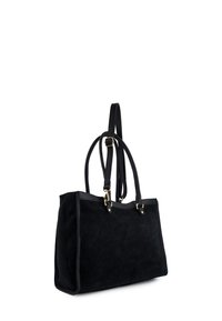 Czarna torba typu tote z zamszu z wykończeniem ze skóry, podwójnymi uchwytami, złotymi akcentami metalowymi oraz prostokątnym, usztywnionym kształtem. Gładka faktura.