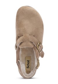 Beige Wildleder Slipper mit verstellbarem Riemen und goldfarbener Schnalle; weiche, strukturierte Innenauskleidung. Abgerundete Zehenform.