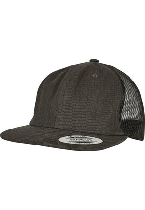 Snapback kapa u tamnosivom korduru s zakrivljenim vizirima, mrežastim bočnim panelima i kružnom oznakom branda na prednjoj strani.