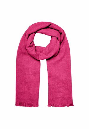 Sciarpa fucsia realizzata in materiale morbido, con un design a spirale. I bordi presentano un delicato dettaglio frangiato, che aggiunge texture.