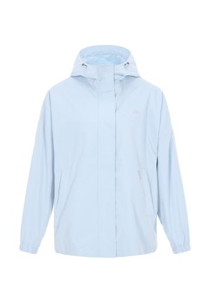 Světle modrá větrovka s kapucí. Má elastické manžety, přední kapsy a nenápadné logo. Vyrobená z lehkého, voděodolného materiálu.