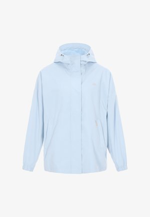 Světle modrá větrovka s kapucí. Má elastické manžety, přední kapsy a nenápadné logo. Vyrobená z lehkého, voděodolného materiálu.