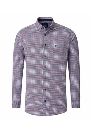 Koszula zapinana na guziki z lekkiego materiału; granatowy i jasnoniebieski wzór z czerwonymi akcentami; długie rękawy i jedna kieszeń na piersi.