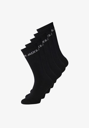Mustat puuvillasukat, viisi paria, röyhelömuotoilu, joissa valkoinen teksti "JACK&JONES" päin, tavallinen pituus, sileä rakenne.