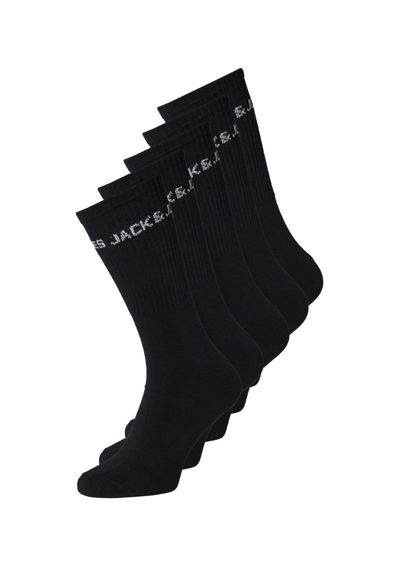 Chaussettes en coton noir, cinq paires, design côtelé, avec le texte blanc "JACK&JONES" sur le bord, longueur normale, texture lisse.