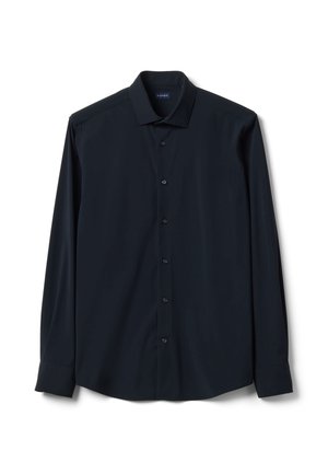Camicia nera a maniche lunghe con bottoni e colletto, stesa su uno sfondo bianco.