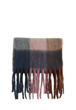 Écharpe douce en laine avec franges dans un grand motif à carreaux gris, rose, violet et marron.