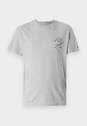T-shirt di cotone grigia con scollatura rotonda, maniche corte e testo e grafiche stampate sul davanti. Presenta un tessuto testurizzato.