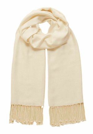 Cream-colored scarf with twisted fringe edges, softly folded and draped on a white background.