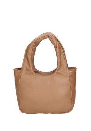 Sac à main en cuir souple couleur beige avec poignées rembourrées, forme rectangulaire et fermeture supérieure zippée.