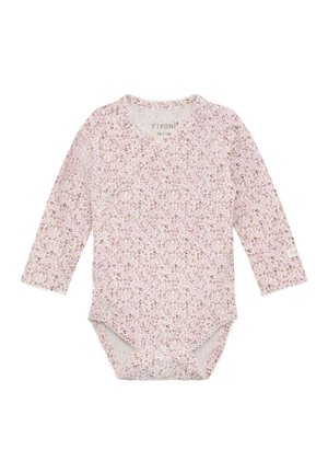 Langærmet babybody med pink og hvidt blomsterprint, bølgede kanter og trykknapper nederst til størrelse 1 måned.