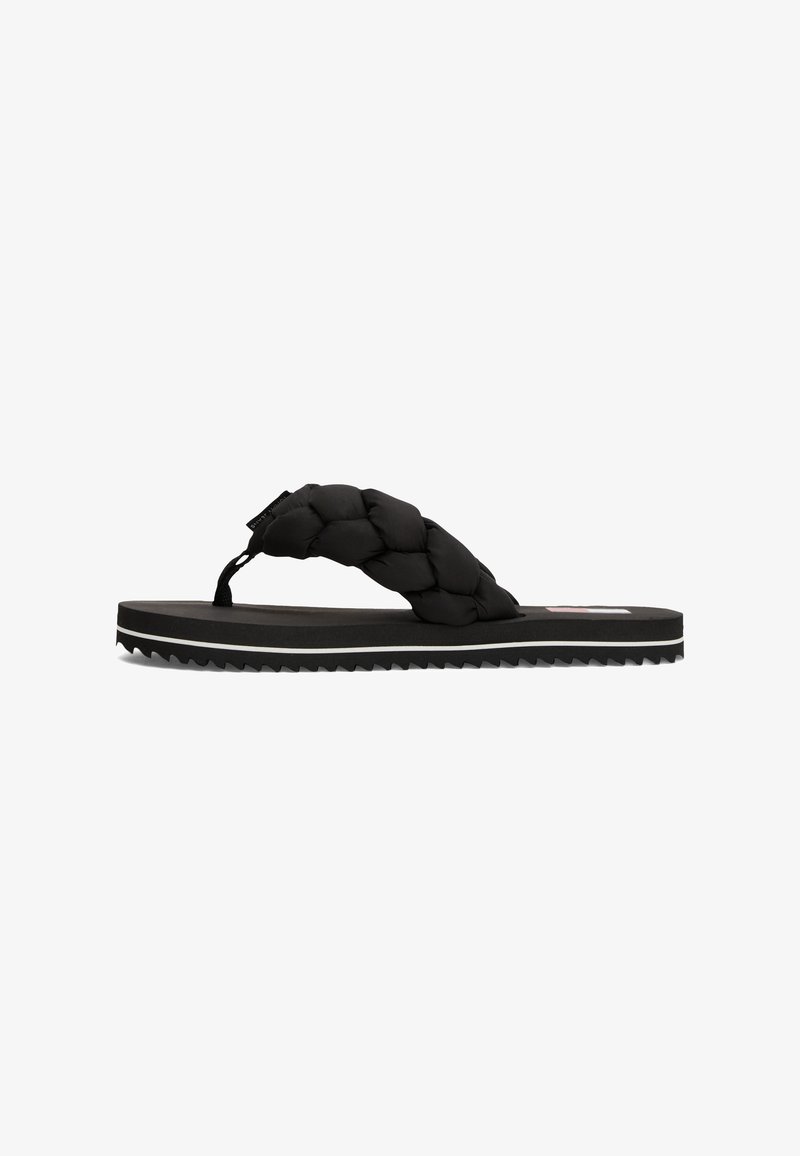 Sort flip-flopsandal med tykk, flettet polstret rem og rillestøpt såle med hvit stripe, vist i sideprofil på hvit bakgrunn.