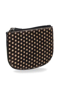 Sorte og beige prikket lynl�åspose lavet af struktureret materiale med en buet form og glat lynlås.