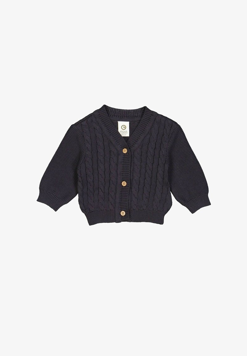 Námořnický modrý pletený cardigan s výstřihem do V, zdobený vzorem copánků, dlouhými rukávy a dřevěnými knoflíky vpředu. Měkká textura.