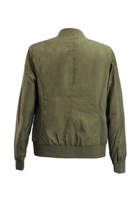 Olive green lightweight bomber jacket with ribbed collar, cuffs, and hem, shown from the back against a white background.