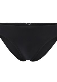 Czarny dół bikini wykonany z gładkiego materiału, charakteryzujący się klasycznym krojem slipów i minimalnymi detalami szwów. Brak dodatkowych wzorów czy akcentów.
