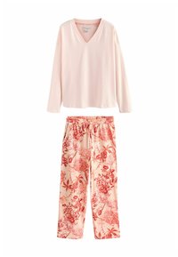 Heledad roosa pikkade varrukatega V-kaelusega topp, mille juurde on sobitatud lillemustriga püksid helesalmoni ja punastes toonides, millel on elastne vöökoht ja küljetaskud.