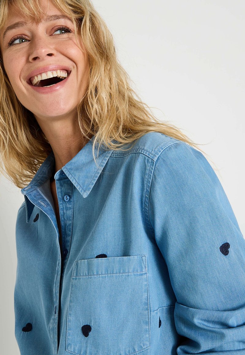Chemise Femme Rayée Avec Broderie Papillons - Manches Longues, Col Chemise, Coupe Classique En Coton