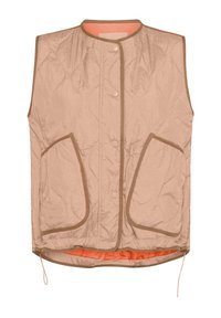 Steppärmtle ohne Ärmel in hellbeige mit zwei Fronttaschen, kontrastierender oranger Fütterung und braunem Rand. Verfügt über einen Knopfverschluss und einen verstellbaren Saum.