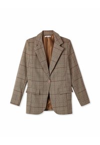 Blazer marrone a quadri con fodera interna a contrasto, rever a incavo, due tasche frontali, chiusura con un solo bottone e vestibilità sartoriale.