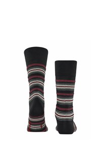 Schwarz-rot gestreifte Socken mit abwechselnd breiten und schmalen Streifen, aus weichem Material, mit einem gerippten Saum und nahtlosem Zehendesign.