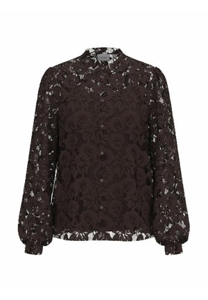 Tamno smeđa čipkasta bluza s cvjetnim uzorkom, dugim balon rukavima, visokim ovratnikom i kopčanjem s gumbima sprijeda. Prozirna tkanina.