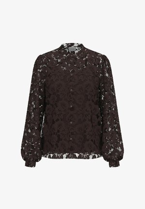 Dark brown lace blouse with floral pattern, long balloon sleeves, high neck, and button closure at the front. Sheer fabric texture.