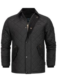 Veste matelassée noire avec fermeture éclair devant et boutons-pression, deux poches avant zippées et un col côtelé.