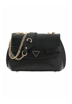 Sac à main noir texturé avec une bandoulière chaîne et des accents dorés. Présente un logo triangulaire et une fermeture à rabat avec une poche avant.