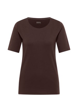 Braunes, kurzärmliges T-Shirt mit Rundhalsausschnitt und figurbetontem Schnitt, im Nacken mit dem Aufdruck "CECIL Essentials" versehen.