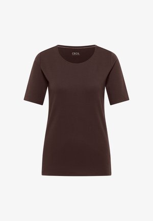 Brun T-shirt med korte ærmer og rund hals i en tætsiddende pasform, mærket "CECIL Essentials" på indersiden af halsudskæringen.